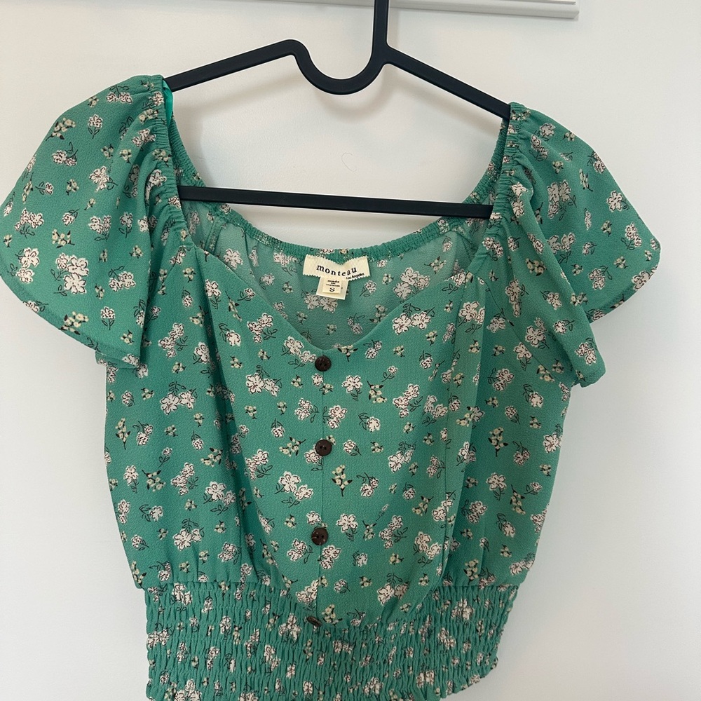 Monki Green Puff Sleeve Smocked Blouse